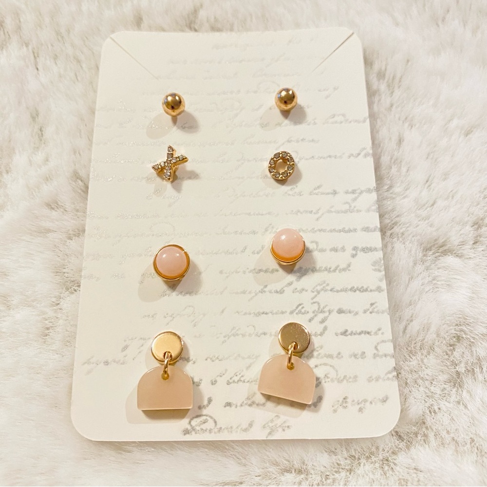 Earring Stud Set Curated Love Theme Pink & Gold Tone “XO” New Multiple Piercings